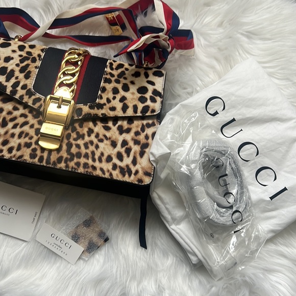 💯% Auth GUCCI Leather Bag - Sylvie Calf Hair Harako Leopard Print Shoulder Bag - Picture 12 of 17